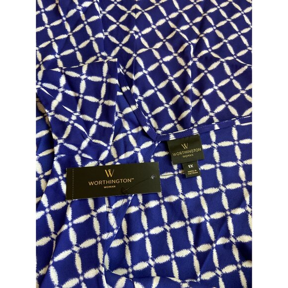 Worthington Woman Sleeveless V-Neck Top 1X Blue White Geometric Preppy - Picture 3 of 6